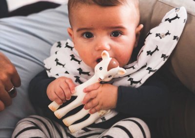 A small baby looks at the camera while holding a toy giraffe